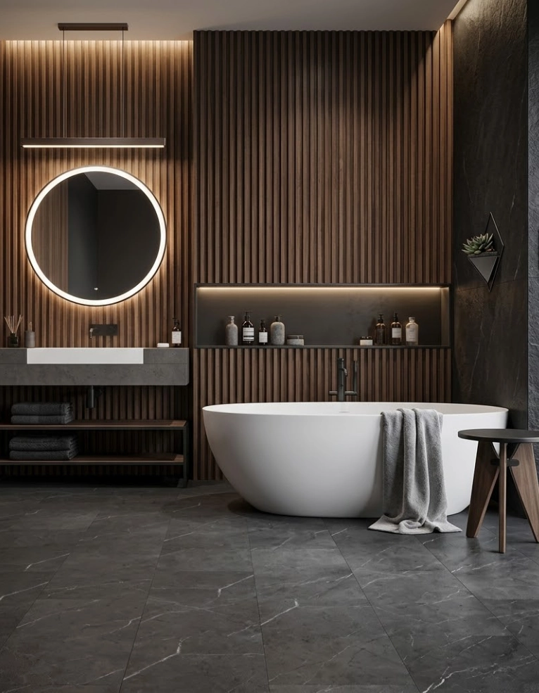 A modern bathroom with wood slat walls, a backlit round mirror, and a white freestanding bathtub.