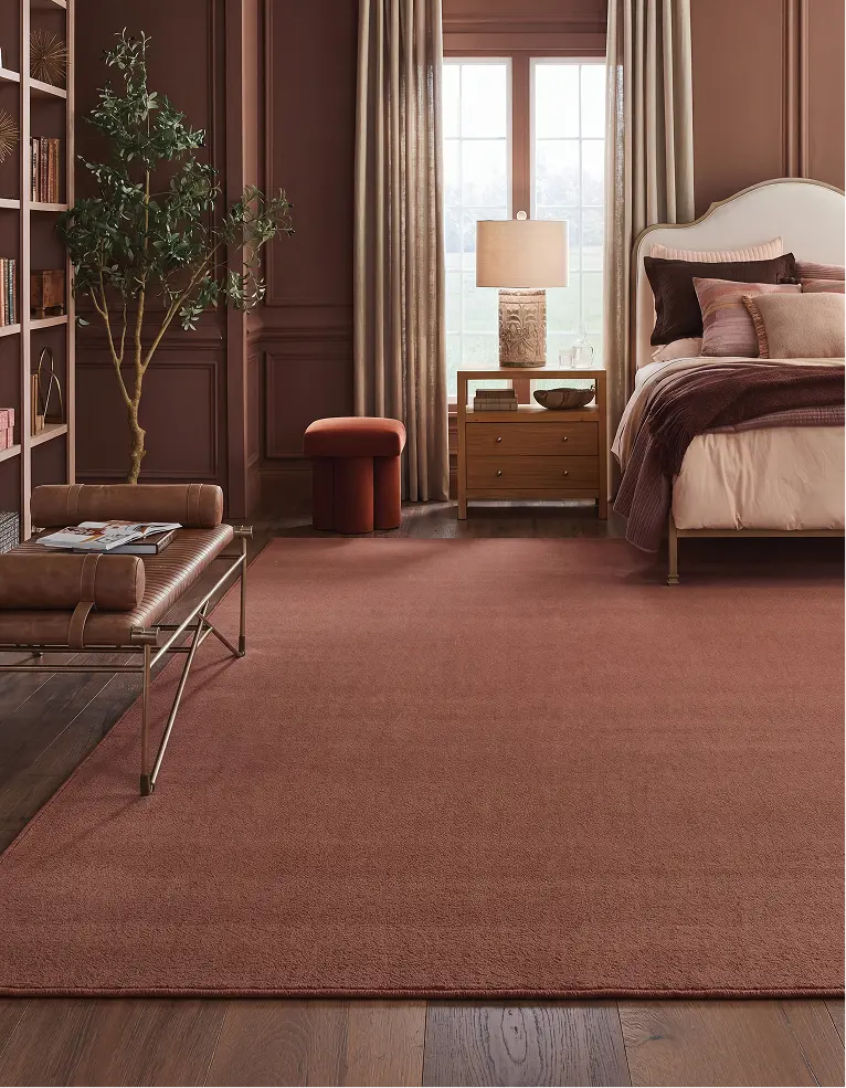 Cozy bedroom featuring a terracotta red area rug with matching walls and bedspread.